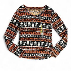 Orange & Black Halloween Skull and Pumpkin Long Sleeve Top Large
